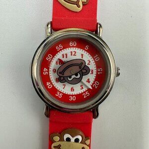 3/$30 Monkey Watch Kids Youth Silver Tone Red Round Dial Silicone Band